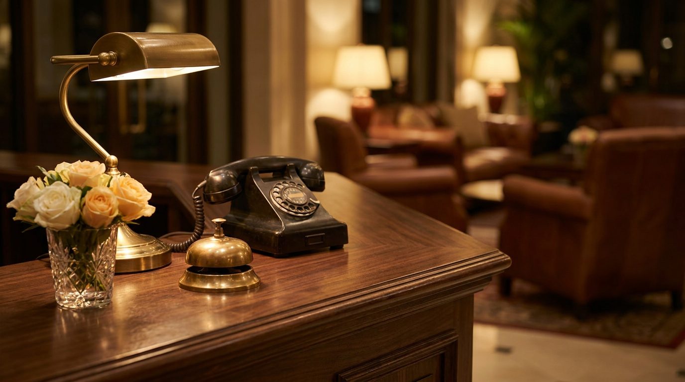 Hotel-Empfangstresen am Abend, warmes Licht