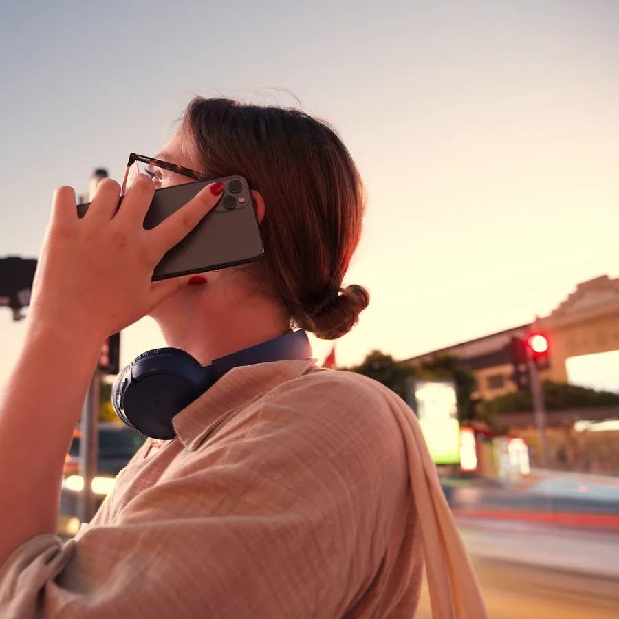Traveller on the phone at dusk